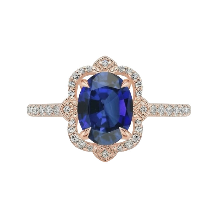 Bague Diamant Naturels Extraits des Mines ( et non cultivés en laboratoire ) Halo Style Antique Style Fleur Saphir Bleu 6.20 Carats