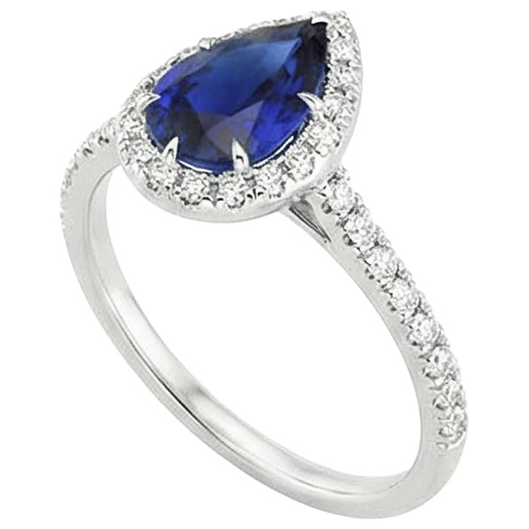 Bague Diamant Naturels Extraits des Mines ( et non cultivés en laboratoire ) Halo Style Larme Saphir Bleu Avec Accents 5.50 Carat