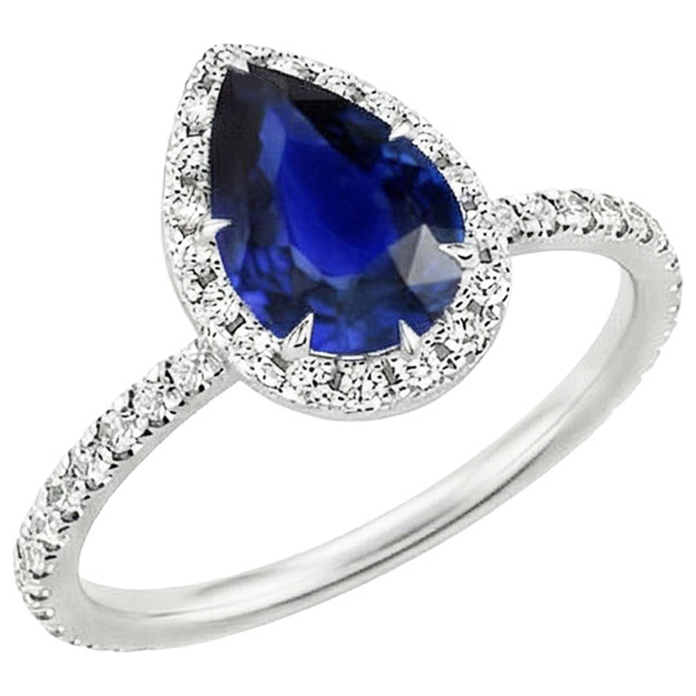 Bague Diamant Naturels Extraits des Mines ( et non cultivés en laboratoire ) Halo Style Larme Saphir Bleu Avec Accents 5.50 Carat