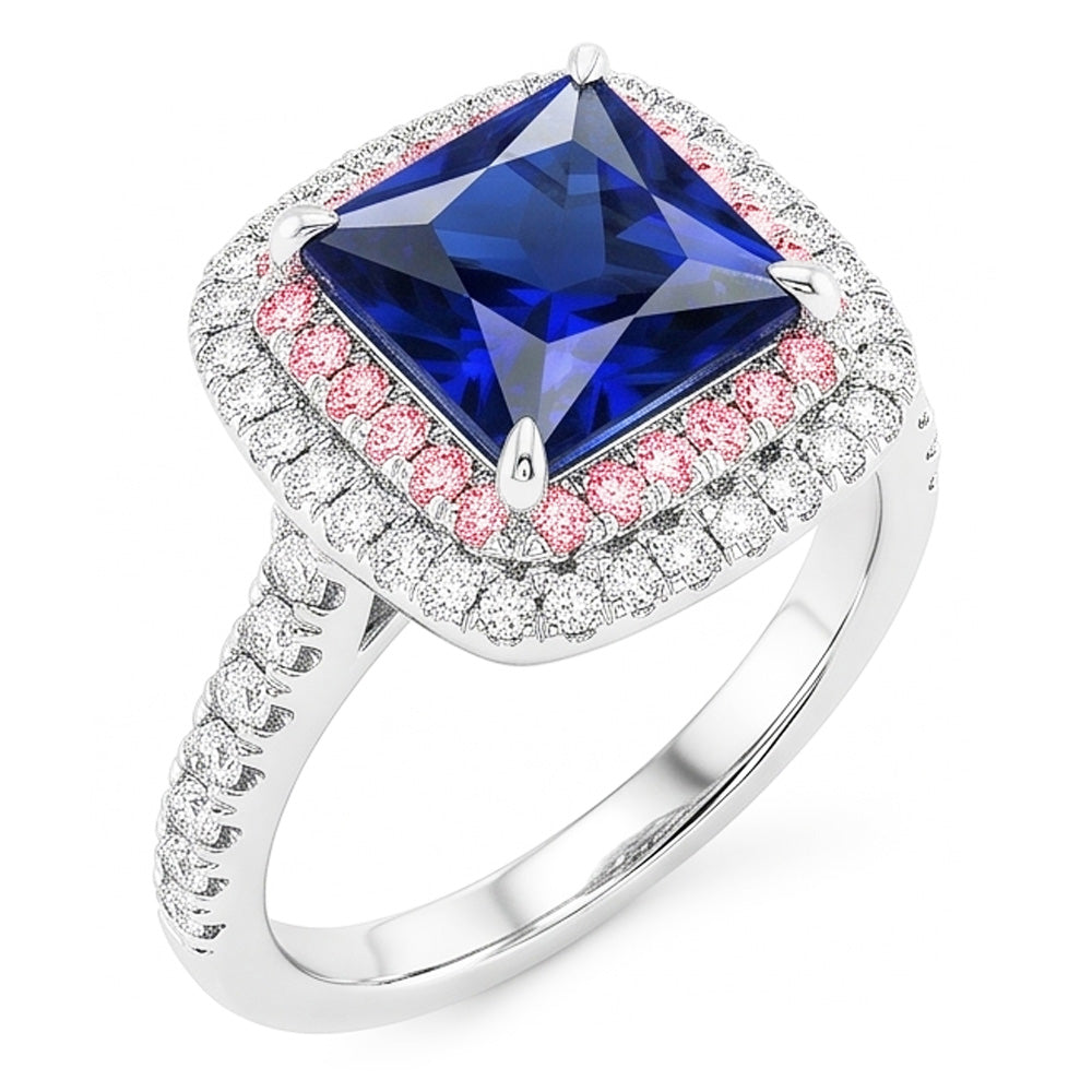 Bague Diamant Naturels Extraits des Mines ( et non cultivés en laboratoire ) Pierre Précieuse Saphir Bleu & Rose Double Halo Or 6.50 Carats
