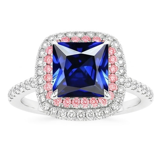 Bague Diamant Naturels Extraits des Mines ( et non cultivés en laboratoire ) Pierre Précieuse Saphir Bleu & Rose Double Halo Or 6.50 Carats