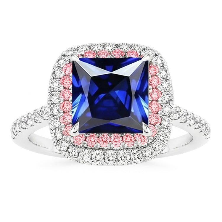 Bague Diamant Naturels Extraits des Mines ( et non cultivés en laboratoire ) Pierre Précieuse Saphir Bleu & Rose Double Halo Or 6.50 Carats