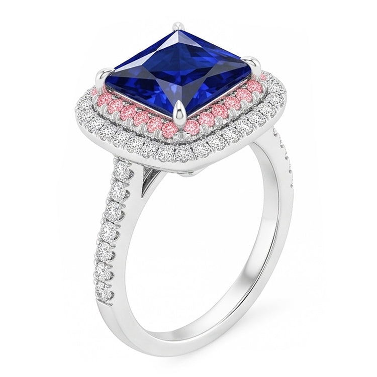 Bague Diamant Naturels Extraits des Mines ( et non cultivés en laboratoire ) Pierre Précieuse Saphir Bleu & Rose Double Halo Or 6.50 Carats