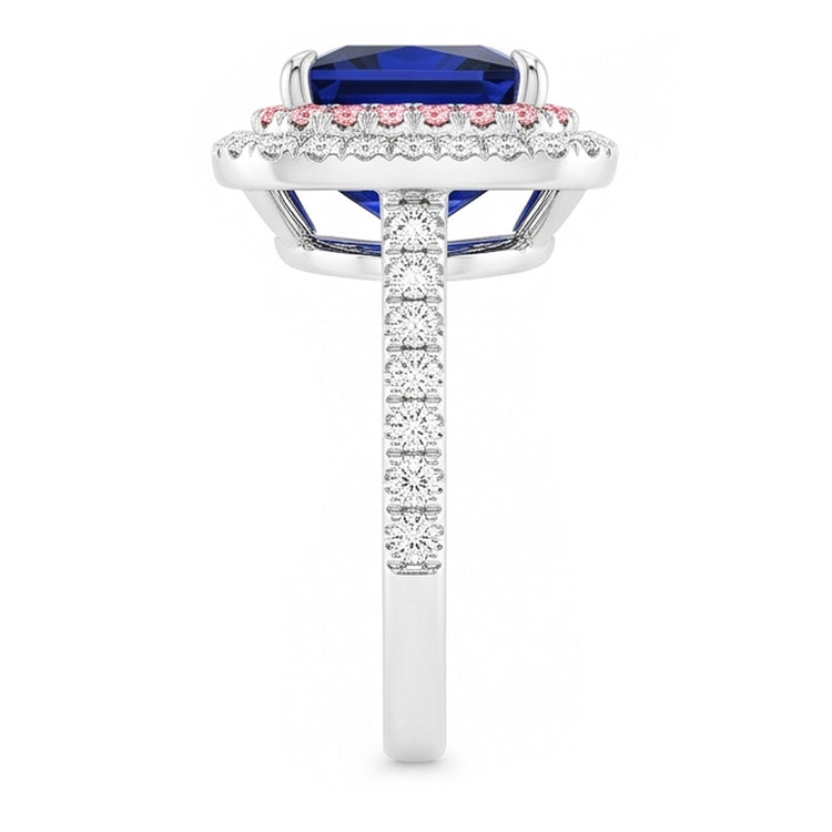 Bague Diamant Naturels Extraits des Mines ( et non cultivés en laboratoire ) Pierre Précieuse Saphir Bleu & Rose Double Halo Or 6.50 Carats