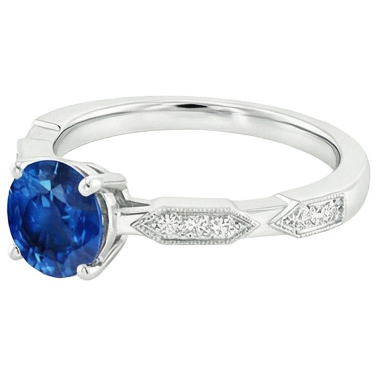 Bague Diamant Naturels Extraits des Mines ( et non cultivés en laboratoire ) Pierres Précieuses Style Vintage Rond Saphir Bleu 2.25 Carats