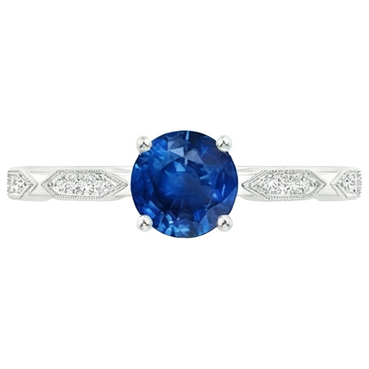 Bague Diamant Naturels Extraits des Mines ( et non cultivés en laboratoire ) Pierres Précieuses Style Vintage Rond Saphir Bleu 2.25 Carats