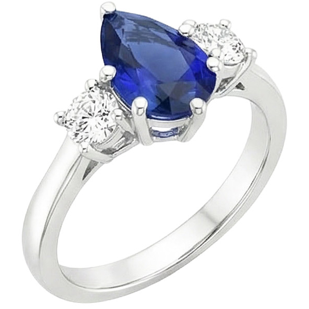 Bague Diamant Naturels Extraits des Mines ( et non cultivés en laboratoire ) Rond 3 Pierres Taille Poire Saphir Ceylan 3 Carats