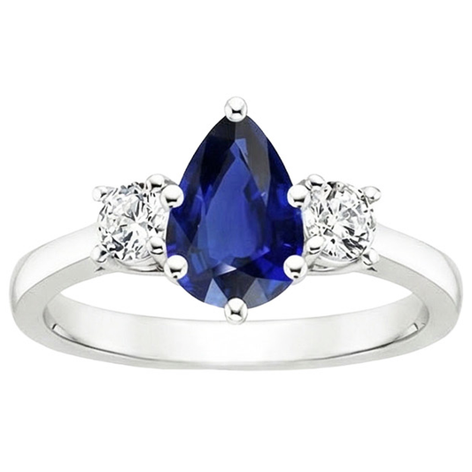Bague Diamant Naturels Extraits des Mines ( et non cultivés en laboratoire ) Rond 3 Pierres Taille Poire Saphir Ceylan 3 Carats