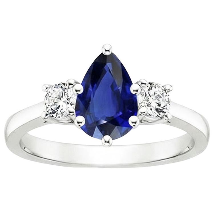 Bague Diamant Naturels Extraits des Mines ( et non cultivés en laboratoire ) Rond 3 Pierres Taille Poire Saphir Ceylan 3 Carats