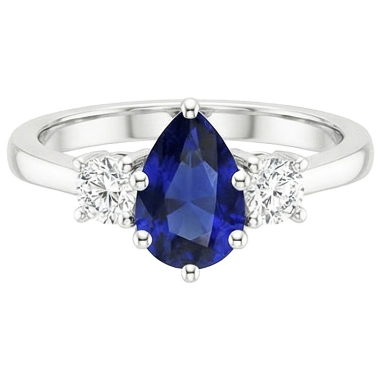 Bague Diamant Naturels Extraits des Mines ( et non cultivés en laboratoire ) Rond 3 Pierres Taille Poire Saphir Ceylan 3 Carats