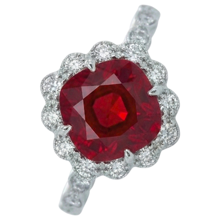 Bague Diamant Naturels Extraits des Mines ( et non cultivés en laboratoire ) Rubis Rouge Taille Coussin Or Blanc 14K 2.45 Carats
