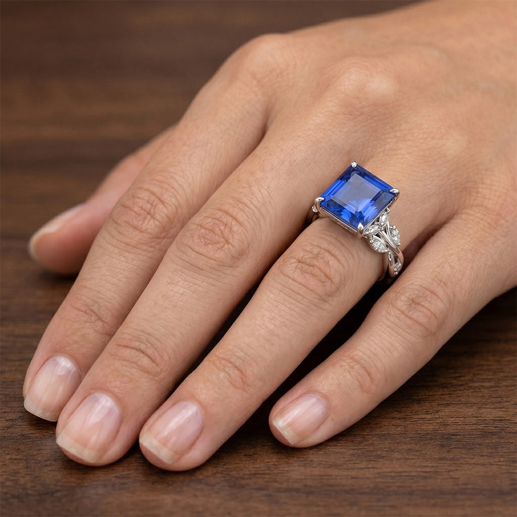 Bague Diamant Naturels Extraits des Mines ( et non cultivés en laboratoire ) Saphir Bleu Taille Princesse 6.75 Carats Bijoux Fantaisie