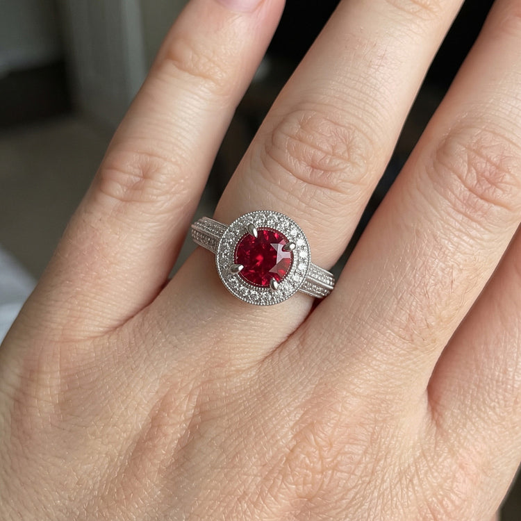 Bague Diamant Naturels Extraits des Mines ( et non cultivés en laboratoire ) Saphir Rouge Taille Ronde Bijoux Or Blanc 1.5 Carats