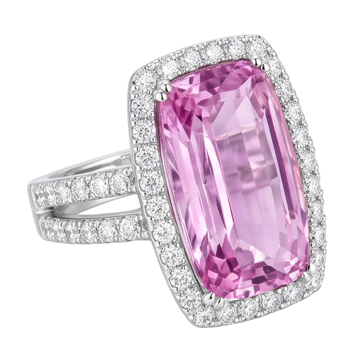 Bague Diamant Naturels Extraits des Mines ( et non cultivés en laboratoire ) Taille Coussin Rose Kunzite 24.50 Ct Bijoux Dame En Or Blanc