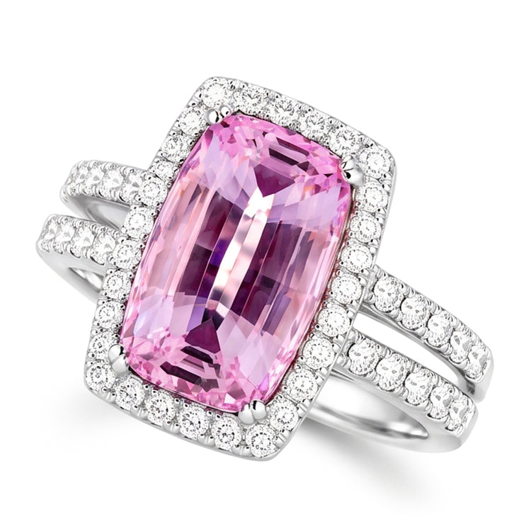 Bague Diamant Naturels Extraits des Mines ( et non cultivés en laboratoire ) Taille Coussin Rose Kunzite 24.50 Ct Bijoux Dame En Or Blanc