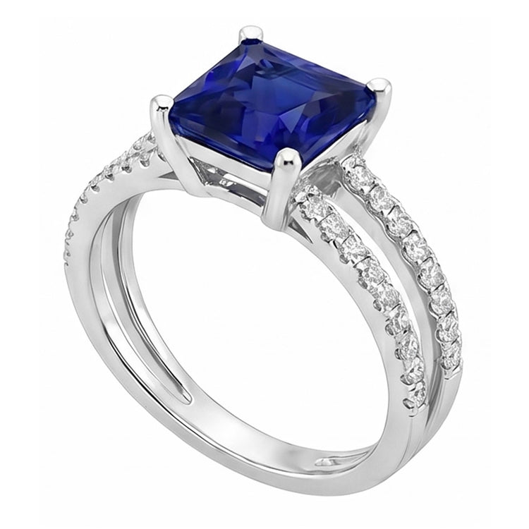 Bague Diamant Naturels Extraits des Mines ( et non cultivés en laboratoire ) Taille Princesse Saphir Avec Accents Tige Fendue 6 Carats