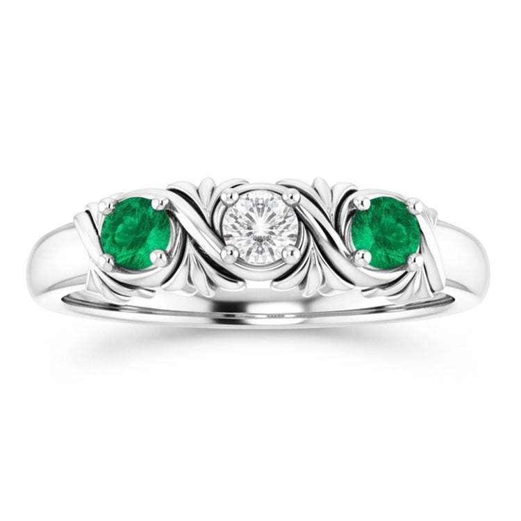 Bague Diamant Naturels Extraits des Mines ( et non cultivés en laboratoire ) Trois Pierres Style Antique 0.60 Carats Emeraude