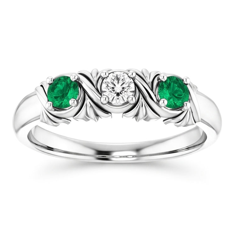 Bague Diamant Naturels Extraits des Mines ( et non cultivés en laboratoire ) Trois Pierres Style Antique 0.60 Carats Emeraude