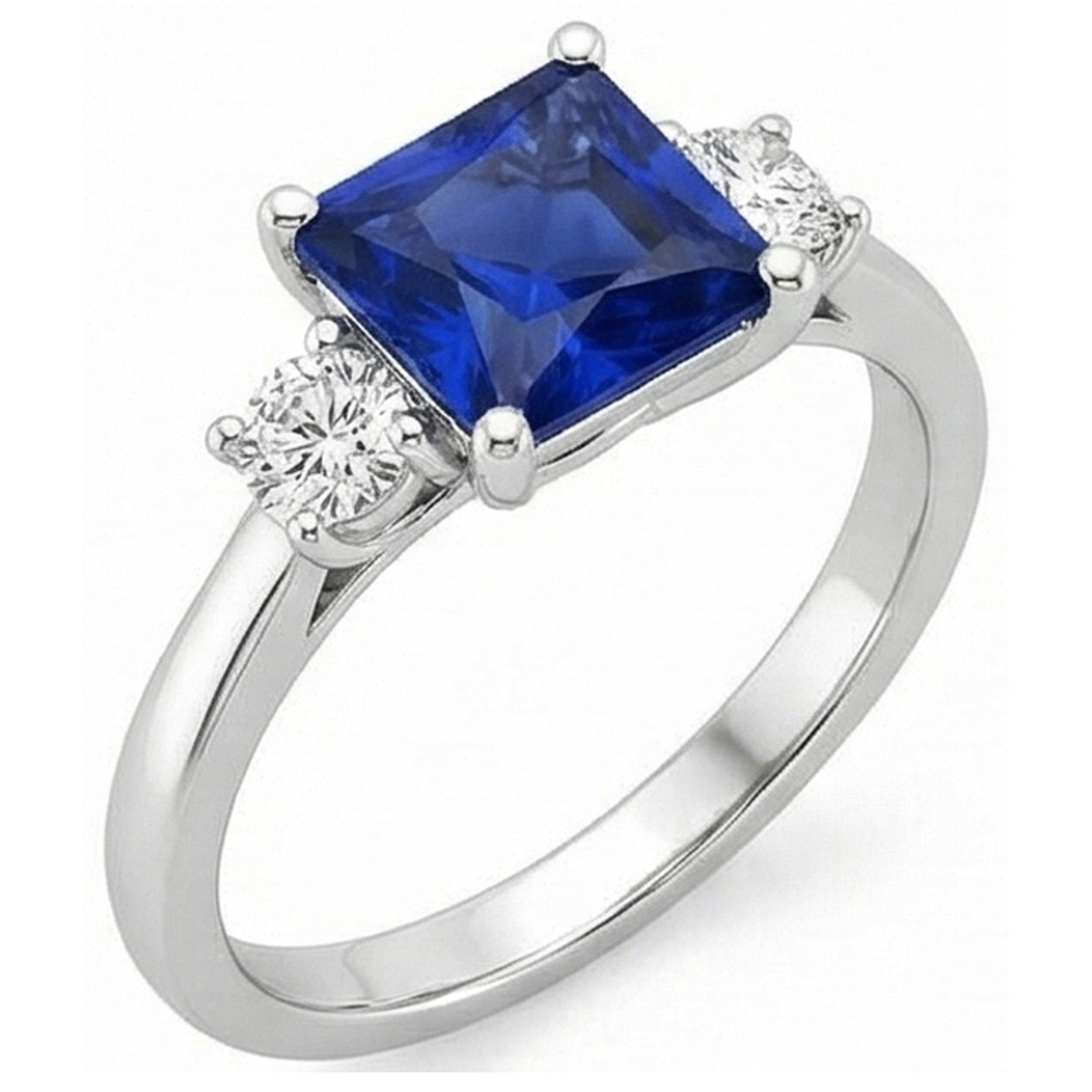 Bague Diamant Naturels Extraits des Mines ( et non cultivés en laboratoire ) Or Blanc Princesse Ceylan Saphir 3 Pierres 5.50 Carats