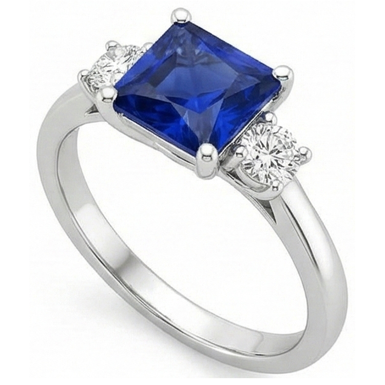 Bague Diamant Naturels Extraits des Mines ( et non cultivés en laboratoire ) Or Blanc Princesse Ceylan Saphir 3 Pierres 5.50 Carats