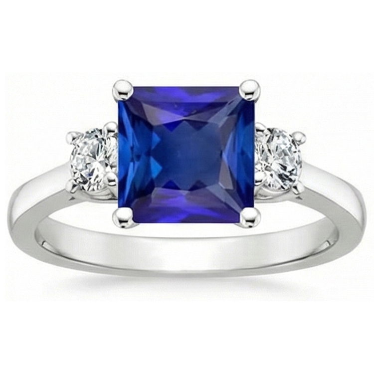Bague Diamant Naturels Extraits des Mines ( et non cultivés en laboratoire ) Or Blanc Princesse Ceylan Saphir 3 Pierres 5.50 Carats