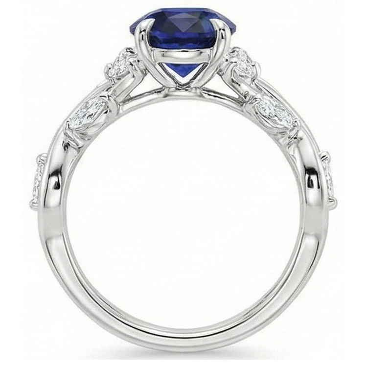 Bague Diamant Pierre Gemme Style Feuille Taille Ovale Saphir Bleu 5 Carats
