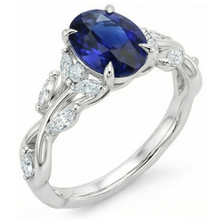 Bague Diamant Pierre Gemme Style Feuille Taille Ovale Saphir Bleu 5 Carats