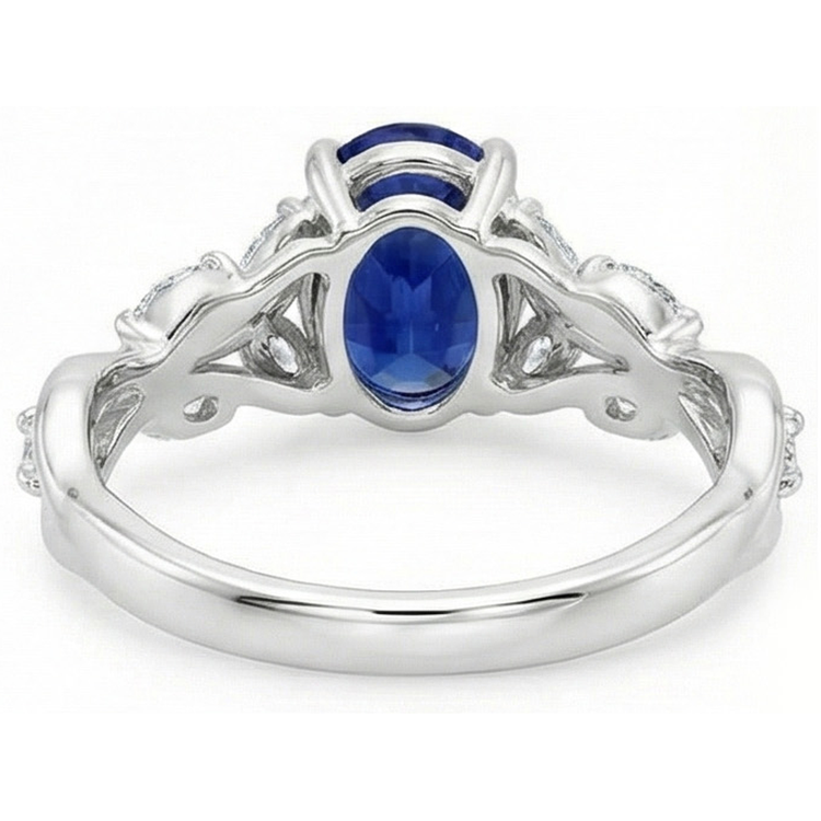 Bague Diamant Pierre Gemme Style Feuille Taille Ovale Saphir Bleu 5 Carats