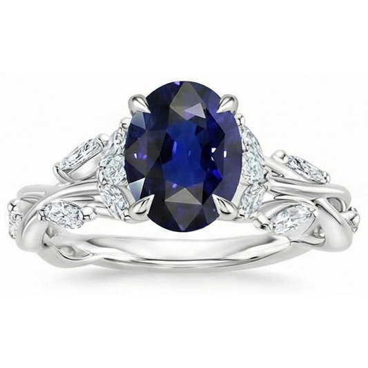 Bague Diamant Pierre Gemme Style Feuille Taille Ovale Saphir Bleu 5 Carats