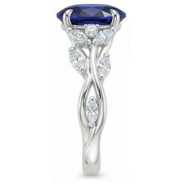Bague Diamant Pierre Gemme Style Feuille Taille Ovale Saphir Bleu 5 Carats