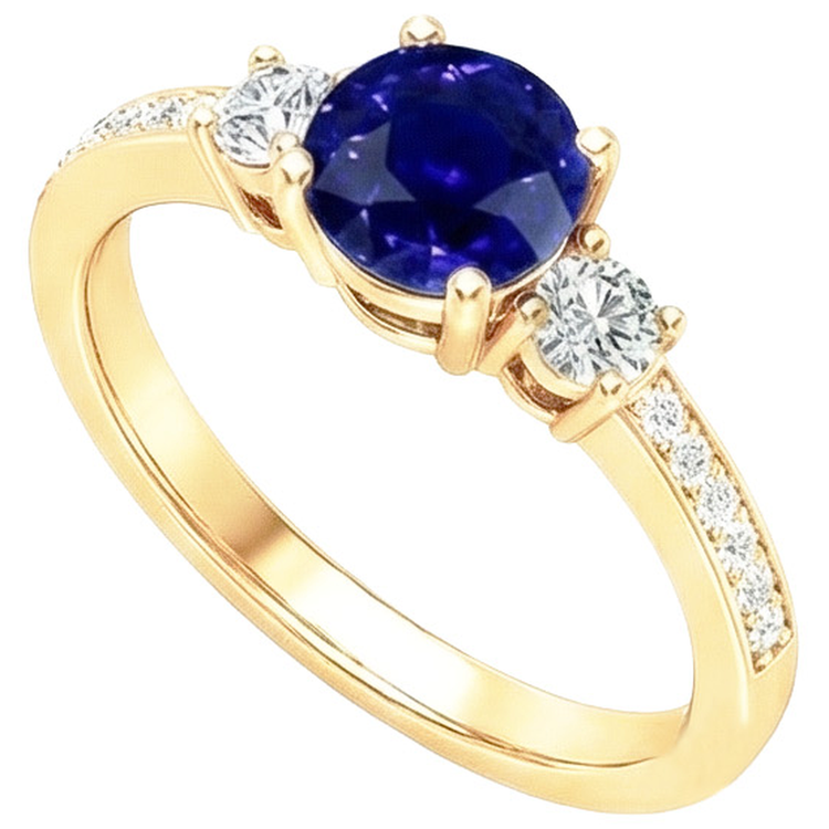 Bague Diamant Naturels Extraits des Mines ( et non cultivés en laboratoire ) Pierres Précieuses Saphir Bleu 2 Carats 3 Pierres Style Or Jaune