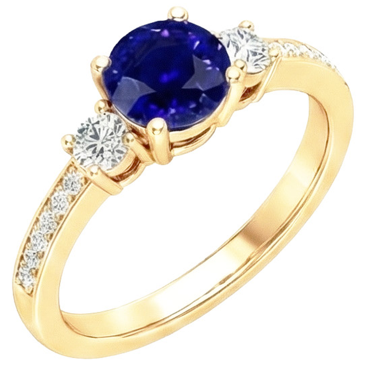 Bague Diamant Naturels Extraits des Mines ( et non cultivés en laboratoire ) Pierres Précieuses Saphir Bleu 2 Carats 3 Pierres Style Or Jaune