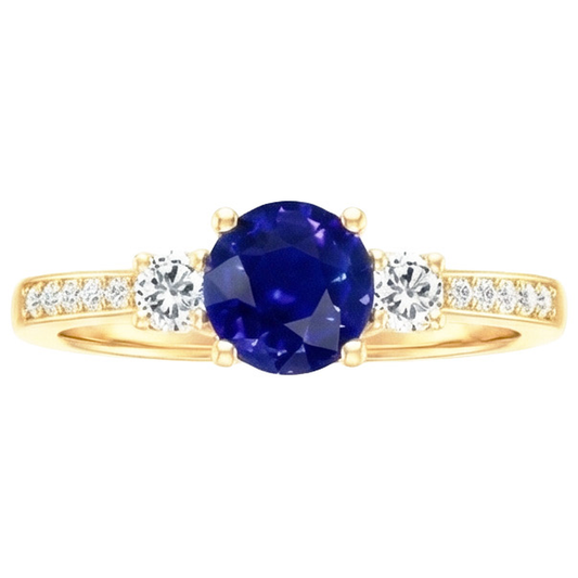 Bague Diamant Naturels Extraits des Mines ( et non cultivés en laboratoire ) Pierres Précieuses Saphir Bleu 2 Carats 3 Pierres Style Or Jaune