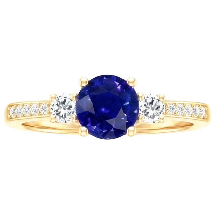 Bague Diamant Naturels Extraits des Mines ( et non cultivés en laboratoire ) Pierres Précieuses Saphir Bleu 2 Carats 3 Pierres Style Or Jaune