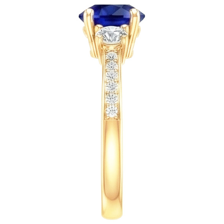 Bague Diamant Naturels Extraits des Mines ( et non cultivés en laboratoire ) Pierres Précieuses Saphir Bleu 2 Carats 3 Pierres Style Or Jaune