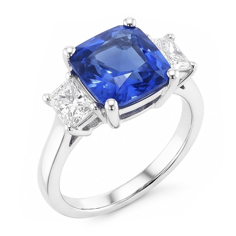 Bague Diamant Radiant & Saphir Bleu 3 Pierres Bijoux Pierres Précieuses 2 Carats