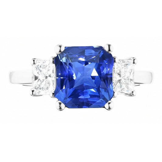 Bague Diamant Radiant & Saphir Bleu 3 Pierres Bijoux Pierres Précieuses 2 Carats