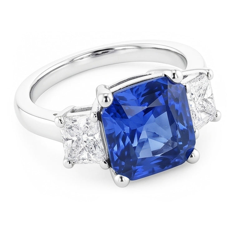 Bague Diamant Radiant & Saphir Bleu 3 Pierres Bijoux Pierres Précieuses 2 Carats