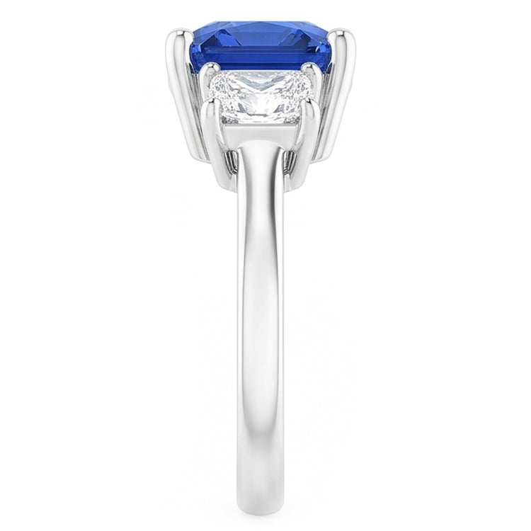 Bague Diamant Radiant & Saphir Bleu 3 Pierres Bijoux Pierres Précieuses 2 Carats