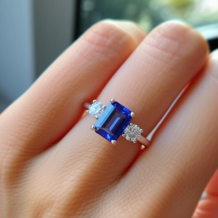 Bague Diamant Rond 3 Pierres Avec Saphir De Ceylan Émeraude 4.50 Carats