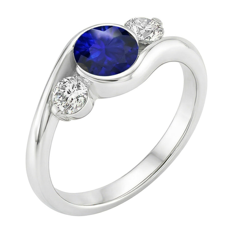 Bague Diamant Rond 3 Pierres Saphir 2.50 Carats Style Bypass Or 14K