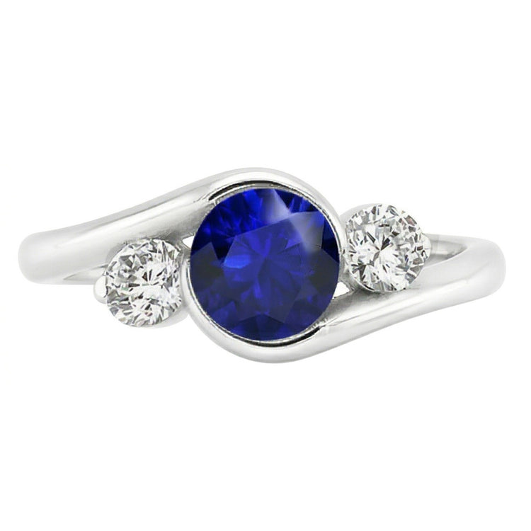 Bague Diamant Rond 3 Pierres Saphir 2.50 Carats Style Bypass Or 14K