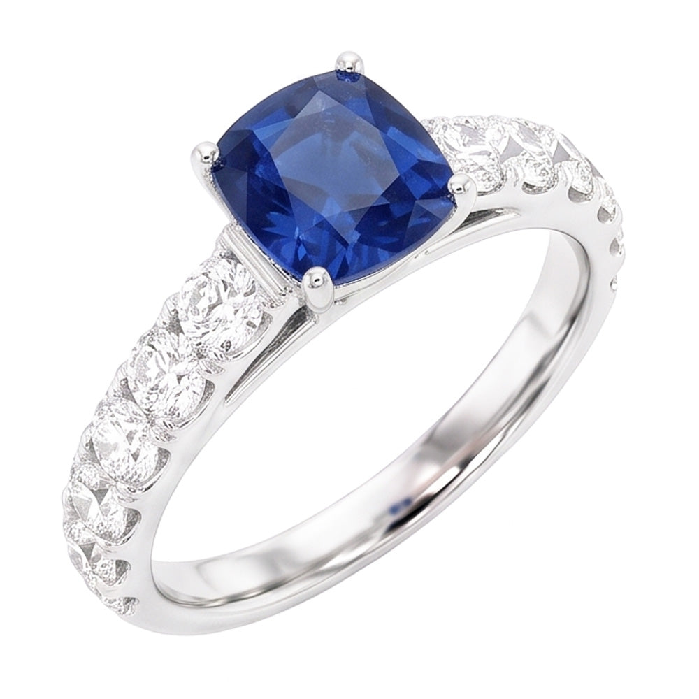 Bague Diamant Rond Coussin Saphir Bleu Pierre Gemme 3 Carats Or Blanc