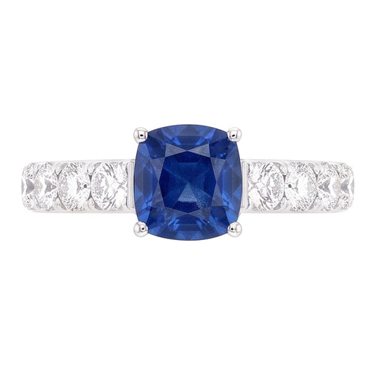 Bague Diamant Rond Coussin Saphir Bleu Pierre Gemme 3 Carats Or Blanc