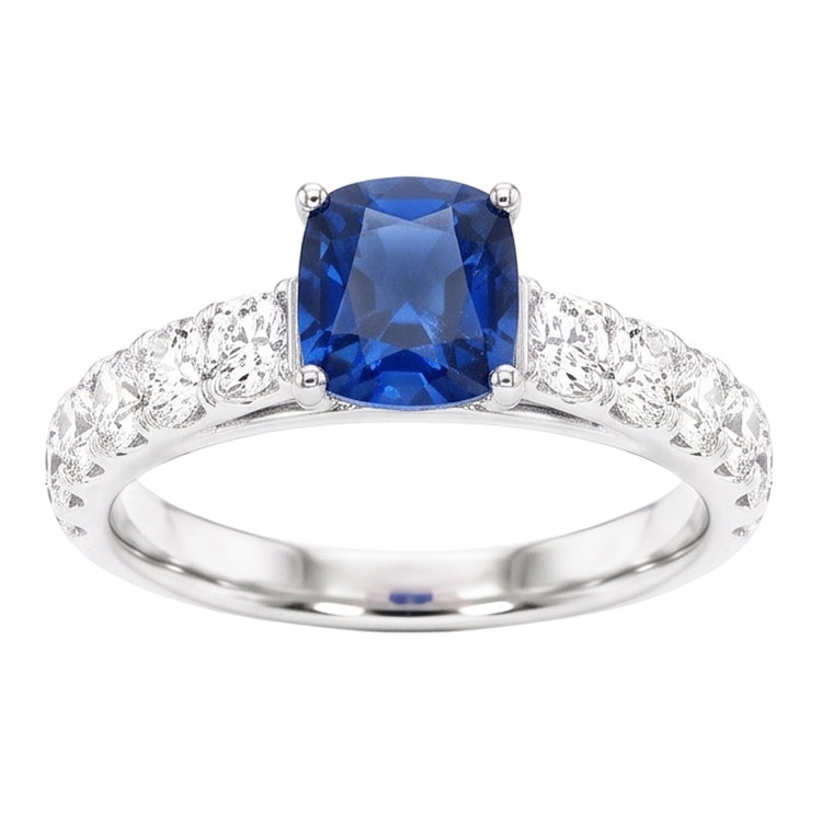 Bague Diamant Rond Coussin Saphir Bleu Pierre Gemme 3 Carats Or Blanc