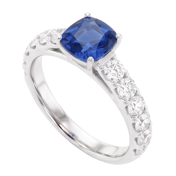 Bague Diamant Rond Coussin Saphir Bleu Pierre Gemme 3 Carats Or Blanc