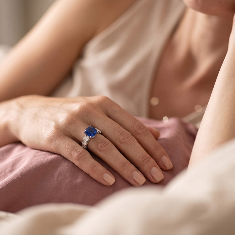 Bague Diamant Rond Coussin Saphir Bleu Pierre Gemme 3 Carats Or Blanc