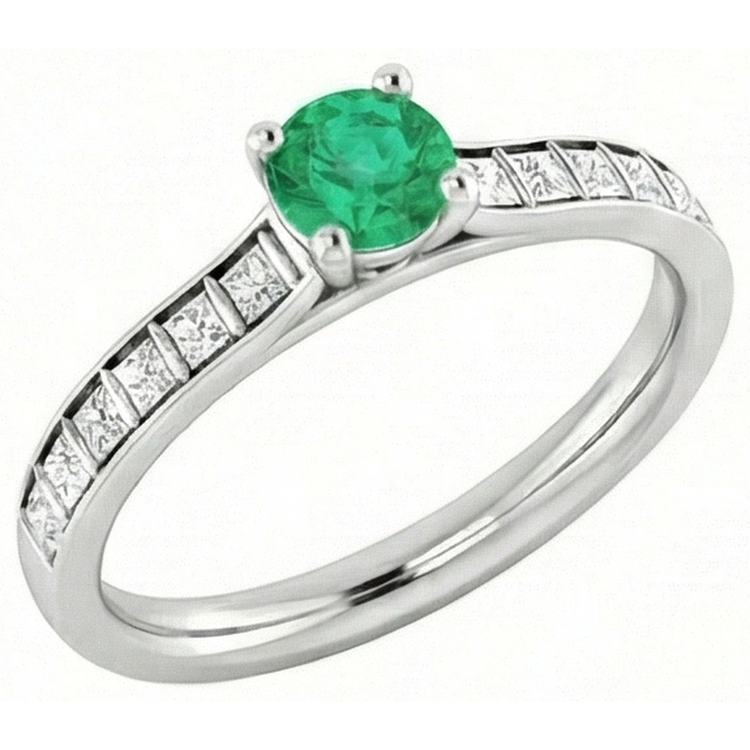 Bague Diamant Rond Émeraude Verte 2 Carats Or Blanc 14K