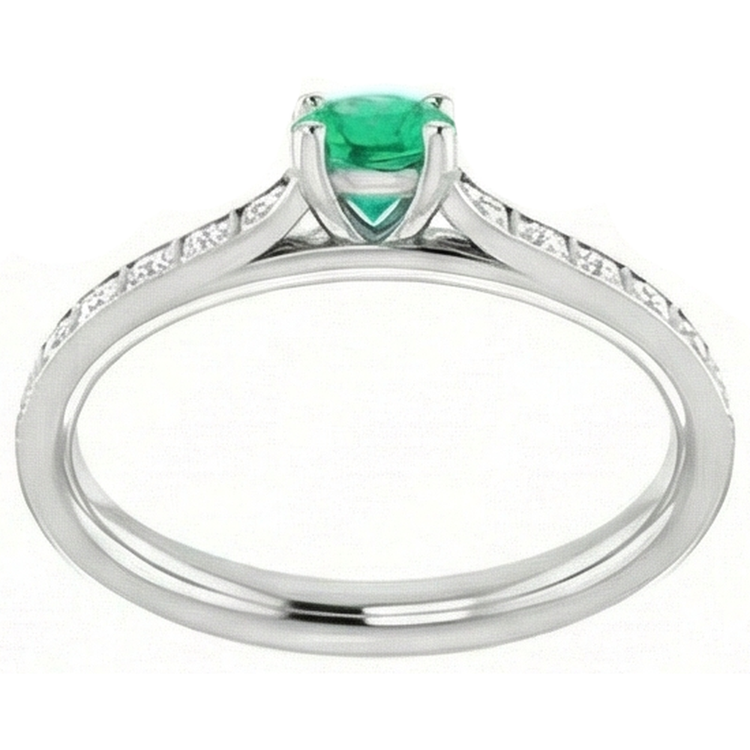 Bague Diamant Rond Émeraude Verte 2 Carats Or Blanc 14K