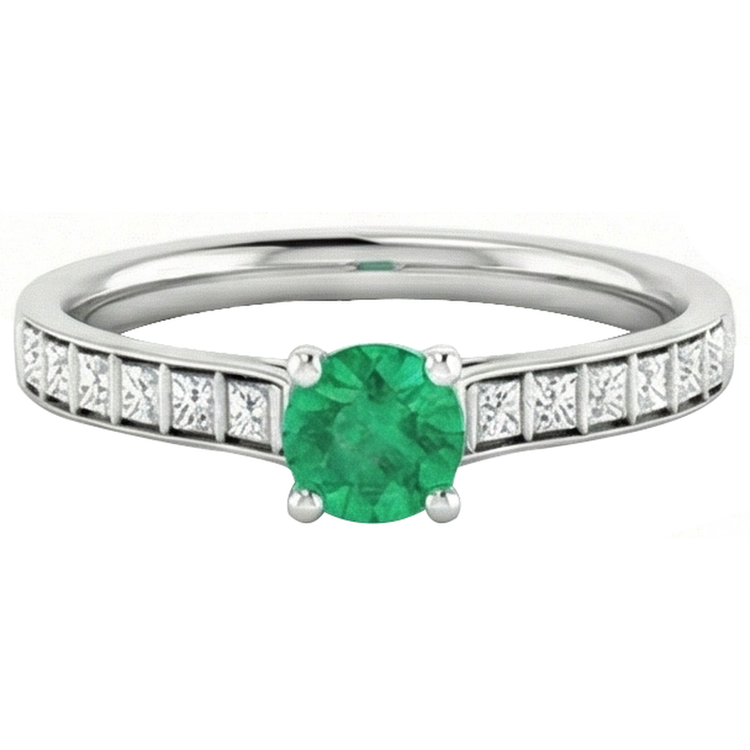 Bague Diamant Rond Émeraude Verte 2 Carats Or Blanc 14K